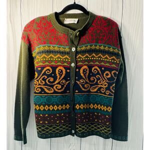 VTG Norton McNaughton Olive Green Mixed Print Knit Cardigan Sweater USA Small